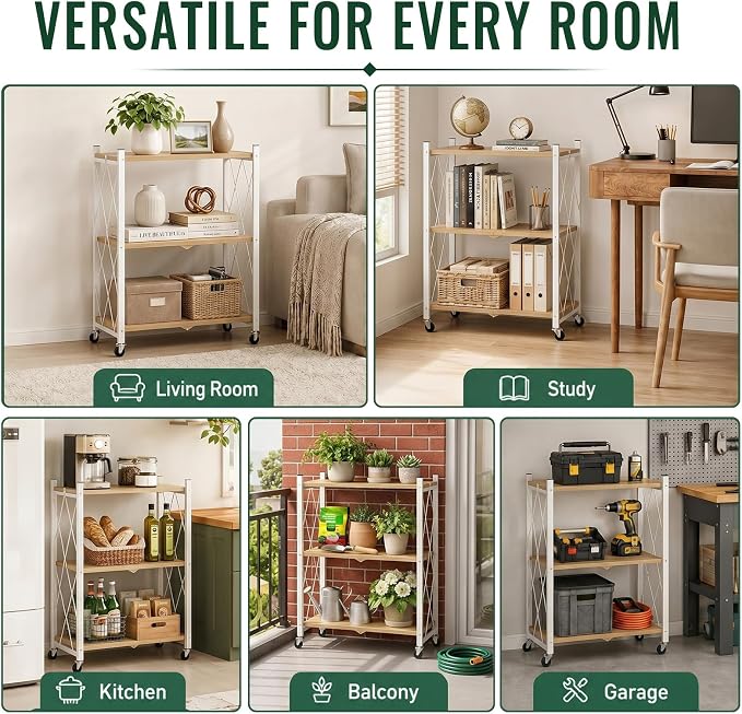 black leopard 3-Tier Foldable Shelf with Wheels, Wood-Grain Steel Shelves | Pre-assembled frame unfolds in seconds with tool-free wheel setup for fast, convenient use.
