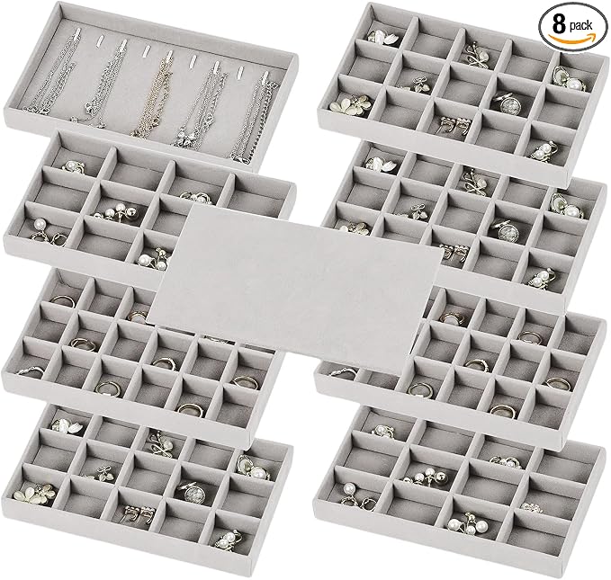 Set of 8 Stackable Jewelry Organizer Trays with 1 Lid for Drawer & Dresser Organizer, Adjustable Velvet Jewelry Box Tray Earring Organizer Necklace Storage Ring Bracelet Display Case (Gray)