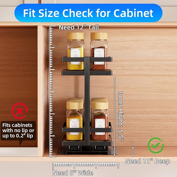 Pull Out Spice Rack 2-Tier Metal & Wood Seasoning Organizer | No-Drill Install | Full-Extension Silent Glide | Each Tier Holds 10–12 Standard Spice Bottles | Rustproof, Wipe-Clean Surface