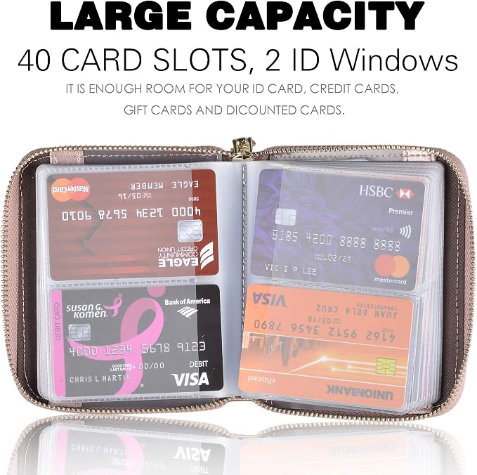 Easyoulife Womens Credit Card Holder Wallet Zip Leather Card Case RFID Blocking (Rose Gold)