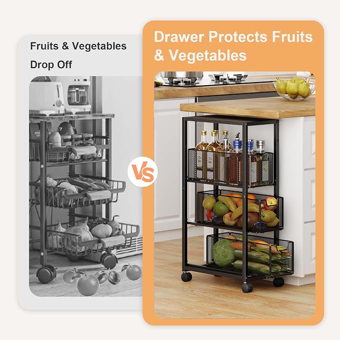 4 Tier Kitchen Rolling Cart, Kitchen Storage Cart with Wheels, Adjust Pantry Organizer and Storage Cart with Drawer, Fruit Vegetable Spice Storage Cart, Wooden Top Metal Kitchen Organizer Rack Stand