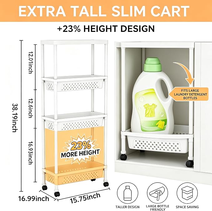 Slim 4 Tier Rolling Storage Cart Narrow Bathroom Organizer on Wheels White | 6.7" wide for tight bathroom/kitchen gaps, extra-tall tier, 360° casters, quick-dry shelves, tool-free storage rack