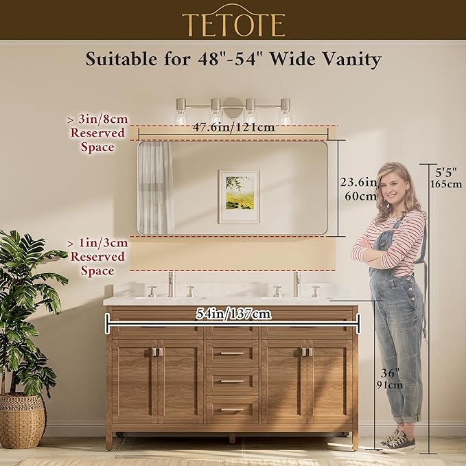 TETOTE 48 x 24 Inch Brushed Gold Frame Mirror, Brass Bathroom Vanity Mirror for Wall, Modern Rectangle Round Corner Matte Framed Mirror (Horizontal/Vertical)