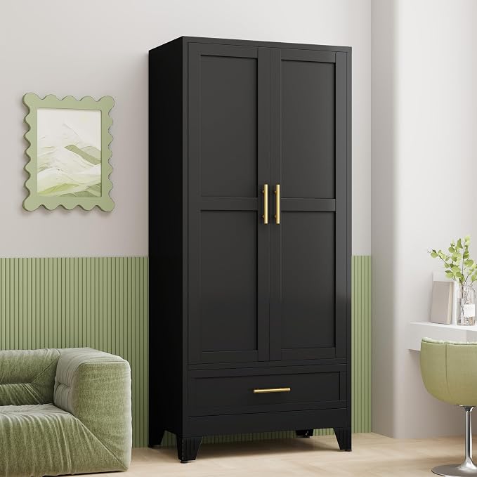 GAIOUS Metal Armoire Wardrobe Closet Cabinet with 2 Doors and Drawer, 71" | Household Wardrobe Cabinet with Hanging Rod, Clothing Storage Cabinet with Adjustable Shelf for Bedroom Cloak Room Gym Black