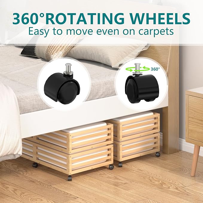 Wisuce 2 Packs Bamboo Under Bed Storage Organizer with Wheels Nature Large | 360° Lockable Wheels,120lbs Load Capacity, Multi-scene ,Dustproof Clear Storage Bag, Large Capacity,Easy Quick Assembly