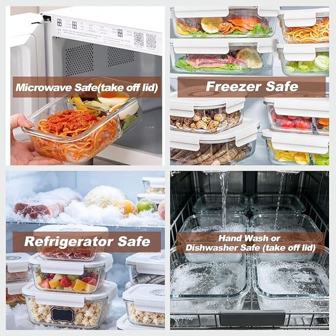 Glass Meal Prep Containers Set, 4 Pack 34.5 Oz Dual Compartment Glass Food Storage Containers with Handheld Vacuum Pump&10 Reusable Vacuum Sealer Bags for Kitchen Organization, Microwave, Freezer Safe
