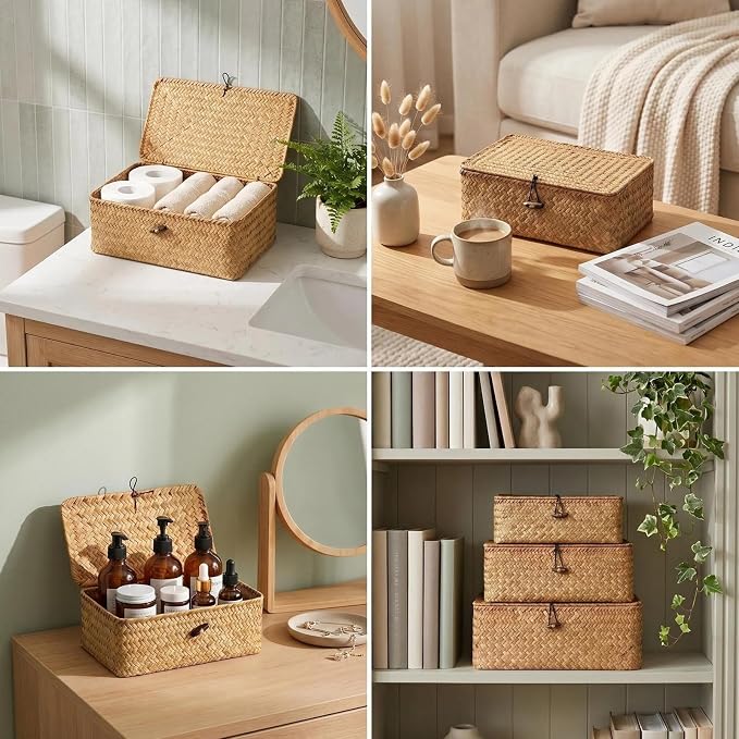 Wicker Handwoven Seagrass Storage Baskets for Organizing With Lids,boho rectangle decorative storage boxes, stackable natural rattan for Shelf,Closet,Bedroom,bathroom,three-piece set