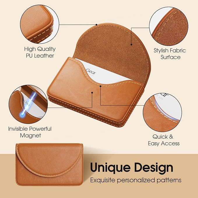 MaxGear Business Card Holder, PU Leather Business Card Case, Light Coffee | Pocket Name Card Holder Wallet for Purse, Portable Business Card Carrier with Magnetic Closure, Slim Stylish Men Women Gift