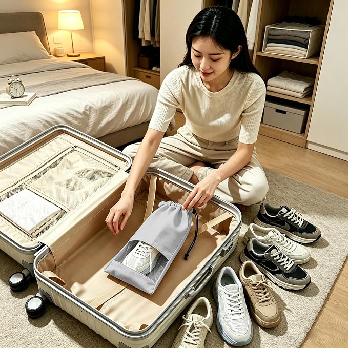 4 Pcs Single Shoe Bags for Travel, 9.1"x17.7" Drawstring Shoe Travel Bags with Clear TPU Window, Travel Organizer for Suitcase (Grey)