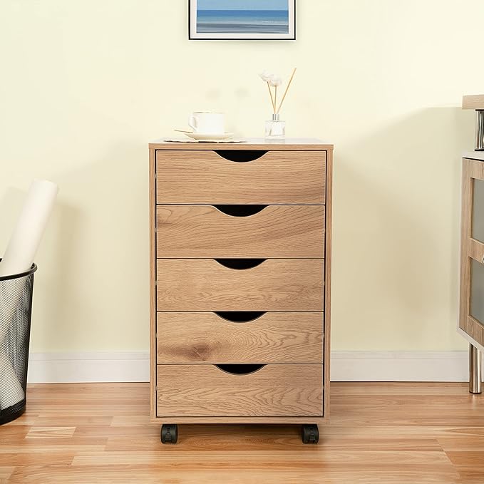 Naomi Home 5-Drawer Rolling Chest, Natural, Smart Storage with Metal Slide Glides & Smooth Wheels, Compact Space-Saver, Easy Assembly, Durable Engineered Wood