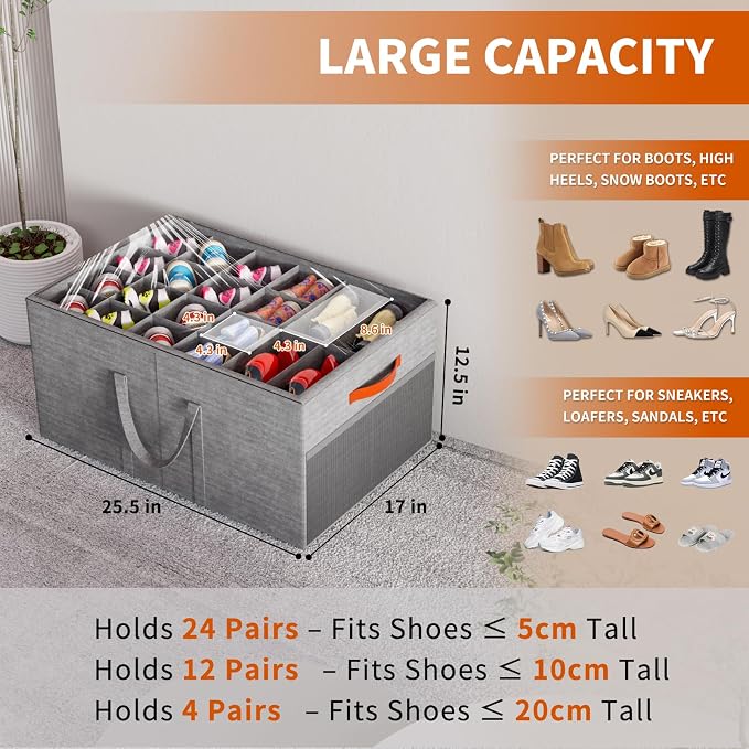 Aokeyee 2 Pack Shoe Organizer for Closet, Large Shoe Storage Box Fits up to 48 Pairs, Space Saving Foldable Shoes Organizer Bin w/Clear Cover and 4 Reinforced Handles, Grey