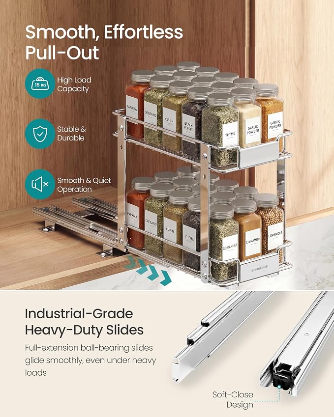 SONGMICS 2 Tier Pull Out Spice Rack for inside Cabinets, Steel | Spice Organizer, Slide Out Cabinet Organizer, for Kitchen Cabinet Storage, Silver UKCS117E101