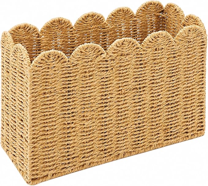 Paper Rope Magazine Holder, Tall Narrow Scalloped Basket | Handwoven Paper Rope Narrow Basket for Magazine Storage, Book basket, Mail Organizer, File Holder 15"L x 6"W x 11"H