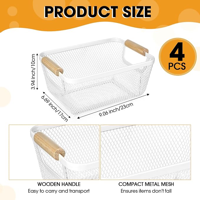 Ziliny 4 Pcs Metal Wire Basket with Wooden Handles Mesh Steel Storage Organizer Bin Containers for Home Organizing Cabinet Pantry Closet Kitchen Fridge Fruit Makeup Snacks Gifts(Small,Cream White)