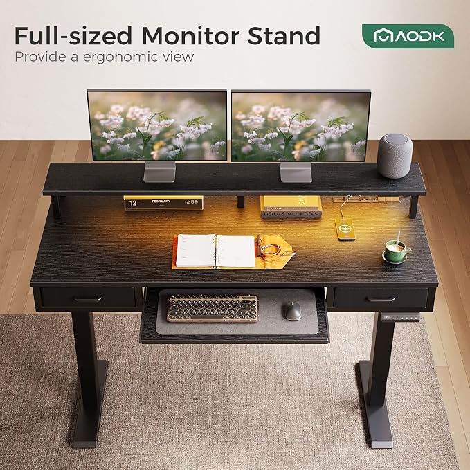 AODK 55 Inch Electric Standing Desk with Drawers & Keyboard Tray, Black | 3 Outlets & 2 USB Ports, 20-Mode LED Lights, Monitor Stand, Cable Management Tray, 3 Memory Heights, 29.9"-46.1" in Range