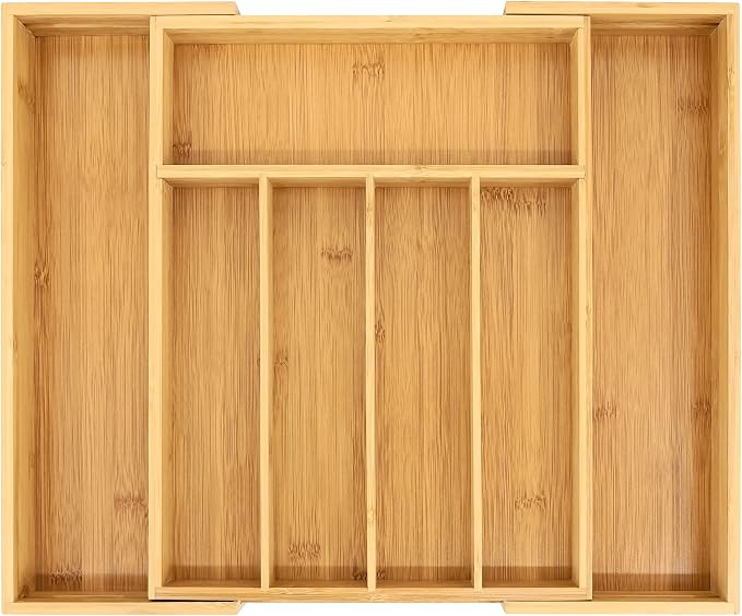 VaeFae Bamboo Drawer Organizer, Expandable Silverware Drawer Organizer, Cutlery Tray with Dividers for Kitchen Utensils, Medium