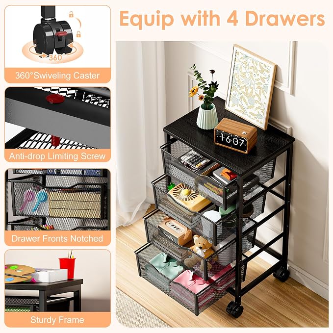 Sbanmao Utility Cart with 4 Drawers, Rolling Storage Cart, Metal Rolling Drawer Cart with Lockable Wheels and Wooden Tabletop, Craft Storage Art Cart for Living Room, Bedroom, Classroom, Office Black