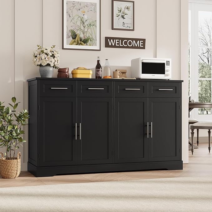 HOSTACK 60" W Sideboard Buffet Cabinet with Storage, Kitchen Cabinet, Black | 36" Tall Kitchen Buffet Storage Cabinet with 4 Drawers, Large Coffee Bar Cabinet, Modern Buffet Table for Dining Living Room