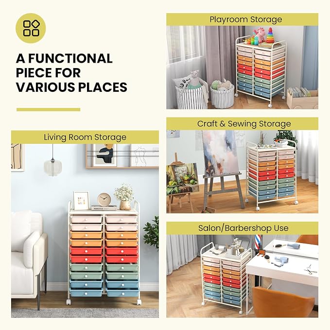 DREAMADE Rolling Cart With Storage Drawers, Utility Cart With Removable Plastic Drawers, Lockable Wheels for Classroom Organization, Art Supplies, Office, Scrapbook (20 Drawers, Macaron)