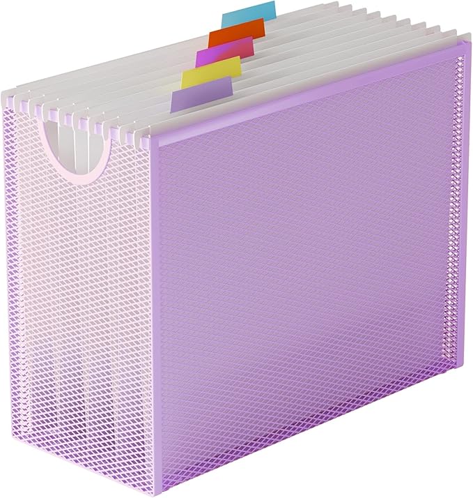 Hanging File Organizer, Letter-Size File Holder Filing Box with 5 Hanging Folders, Metal Mesh Desk File Folder Storage(No Assembly Required) (Purple, with 5 Grey Folders)