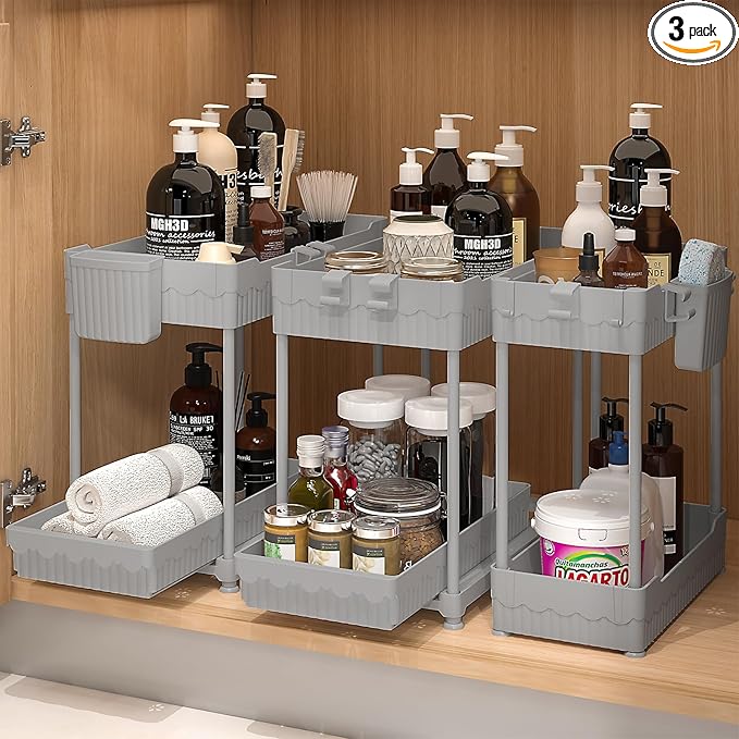 Sevenblue 3 Pack Under Sink Organizers, 2-Tier Multi-Use Kitchen and Bathroom Organizers and Storage with Sliding Drawers, Bathroom Cabinet Organizer (Gray, 14.8 Inch)