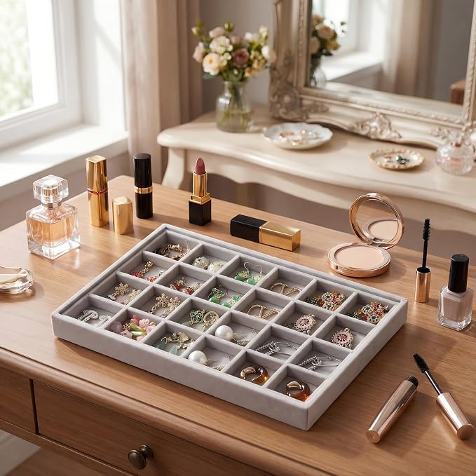 Frebeauty 24 Grid Earring Organizer,Velvet Jewelry Tray for Drawer | Adjustable Dividers,Stackable Design,Drawer Insert for Rings Studs,Vanity Organizer,for Women Girls