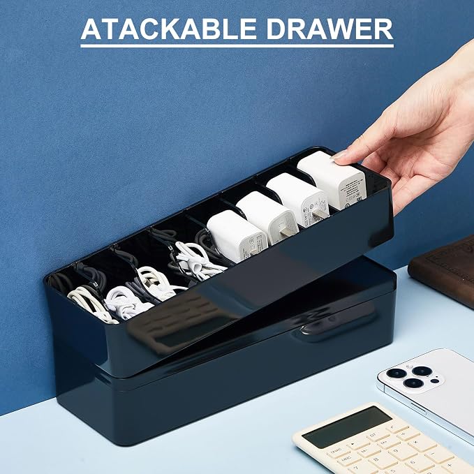Tatuo 2 Pcs Cord Organizer for Drawer Desktop, Cable Organizer Box with 8 Compartments and Wire Ties, Plastic Charger Storage with Lid, Electronics Case for Home Office Accessories (Small,Black)