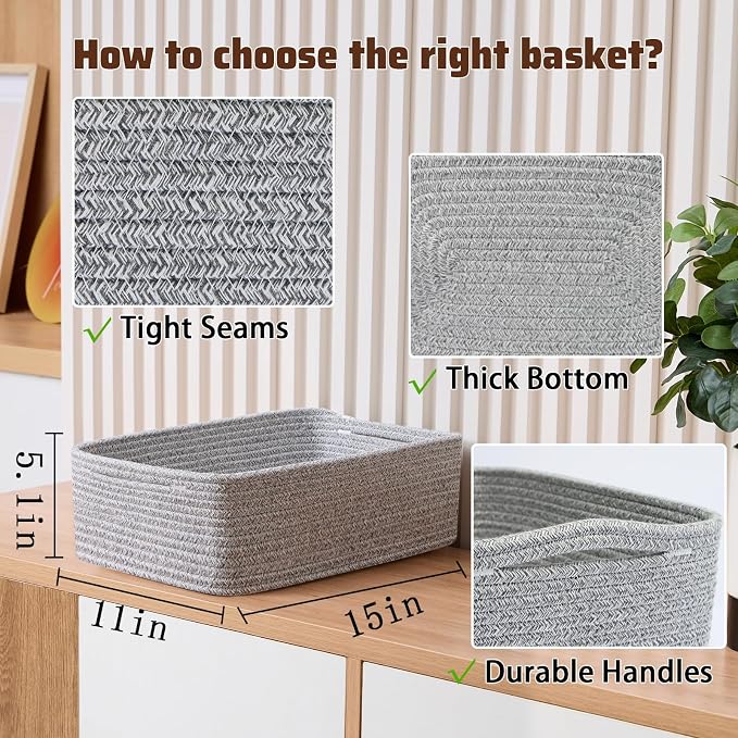 MiniArk Large Shallow Organizing Baskets 15x11x5.1 Inches - Rope Woven Storage Bins for Bathroom, Shelves, Cube Closet, Mixed Grey 3 Packs