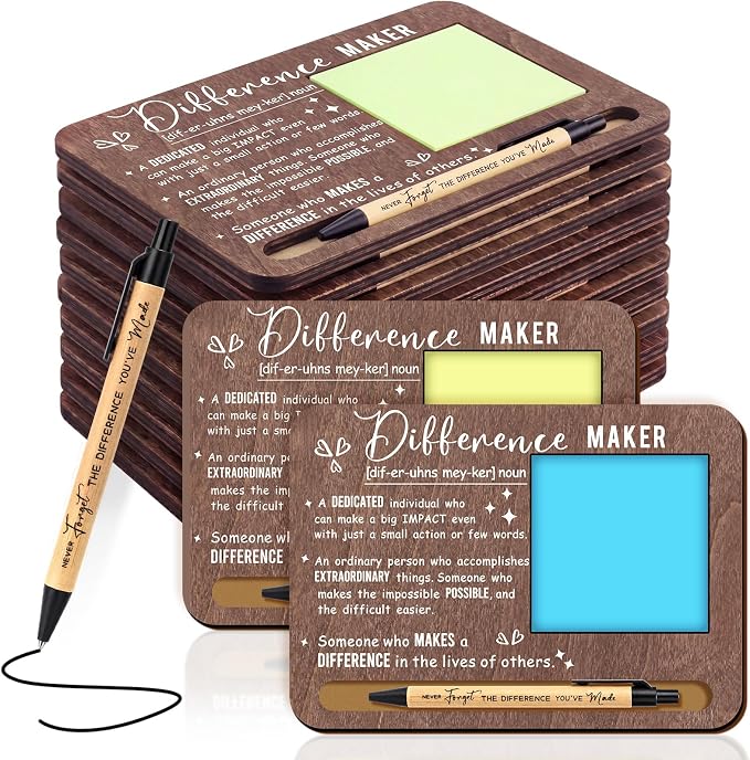 Kosiz 10 Set Brown Difference Maker Appreciation Gifts Wooden Sticky Note Holder with Notes and Ballpoint Pens Inspirational Sticky Notes Sets for Employee Coworker Staff Thank You Appreciation Gifts