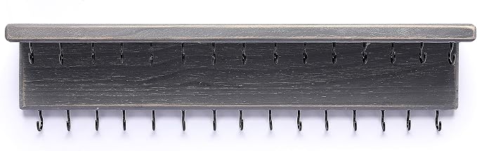 SANY DAYO HOME Jewelry Organizer with 30 Hooks and Cosmetics Shelf, 15 x 3 x 4 inches Wall Mounted Rustic Pine Wood Holder for Necklaces and Bracelets, Suitable for Kids and Adults (Gray)