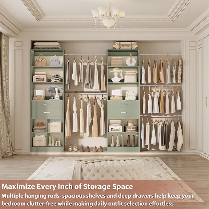 Besiost Closet System, 7.4ft-10ft with 4 Wooden Drawers and 5 Hanging Rods, Can Fit 88 to 123 inch Walk-in Closet System, Crab Green