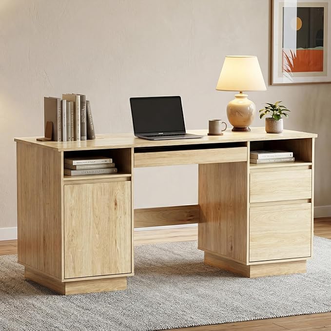 FUNKOCO 58" Modern Executive Desk with Drawers, Office Desk with File Drawer & Open Storage & Power Outlet, Keyboard Tray, Wooden Computer Desk for Home Office & Studio