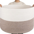 OIAHOMY 115L Extra Large Blanket Basket for Living Room, 23.6" x 15.4" Woven Cotton Rope Laundry Basket for Organizing Pillows, Decorative Stuffed Animal Toy Storage for Nursery, White and Linen Brown