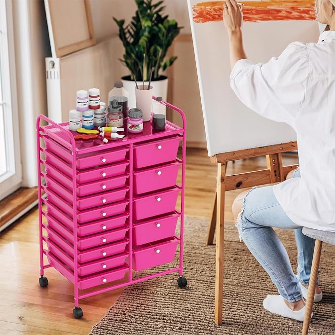 DREAMADE Rolling Cart with 15 Drawers, Rolling Drawer Organizer Cart w/Lockable Wheels, Removable & 2-Sized Storage Drawers, Art Cart for School Home Art Supplies Crafts File Scrapbook
