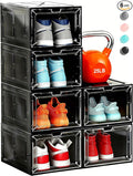 6 Pack Stackable Clear Shoe Boxes with Black Frame, Large Plastic Shoe Organizer Storage Bins for Sneakers & Boots, Magnetic Front Door, Space Saving Closet Shoe Case