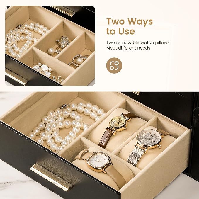 Synthetic Leather Huge Jewelry Box Mirrored Watch Organizer Necklace Ring Earring Storage Lockable Gift Case (Black)
