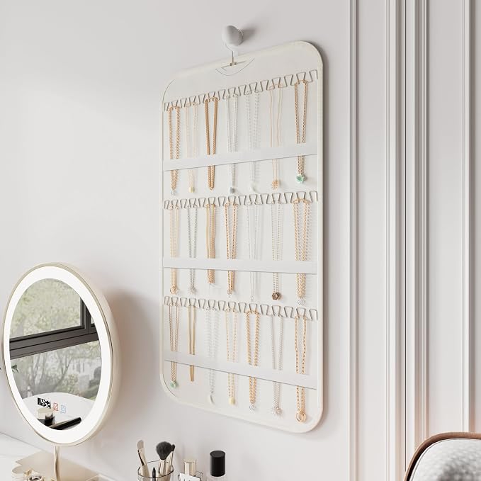 Double-Sided Hanging Jewelry Organizer for Necklaces Earrings, 2-Pack White | Foldable 36 hooks & 40 clear pockets; swivel hook fits walls, doors & rods for earrings, bracelets, rings & small jewelry