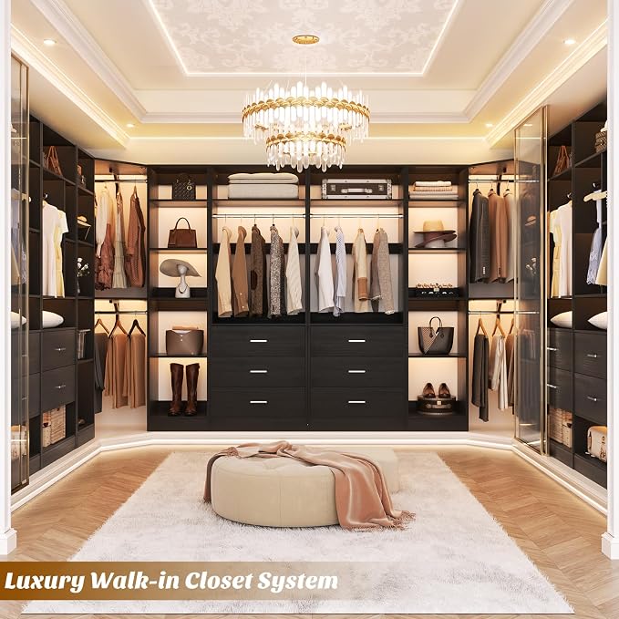 Besiost Corner Closet System with 5 Drawers, Closet Organizer System with 15+Shelvess & 4 Hanging Rods, 63.2"L * 63.2"W / 87.2"L * 39.2"W Reversible L Shaped Walk-in Closets, Load 2500+LBS, Black