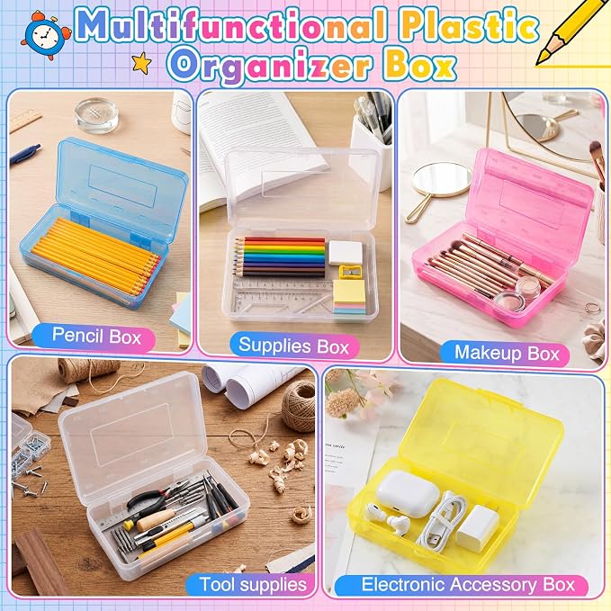 Blulu 6 Pack Large Plastic Pencil Case Box Clear Pencil Boxes Bulk Hard Crayon Box Storage with Snap Lids 8.1 x 4.7 x 2.2 Inch Painting Organizer Classroom Stationery School Supplies (Colorful)