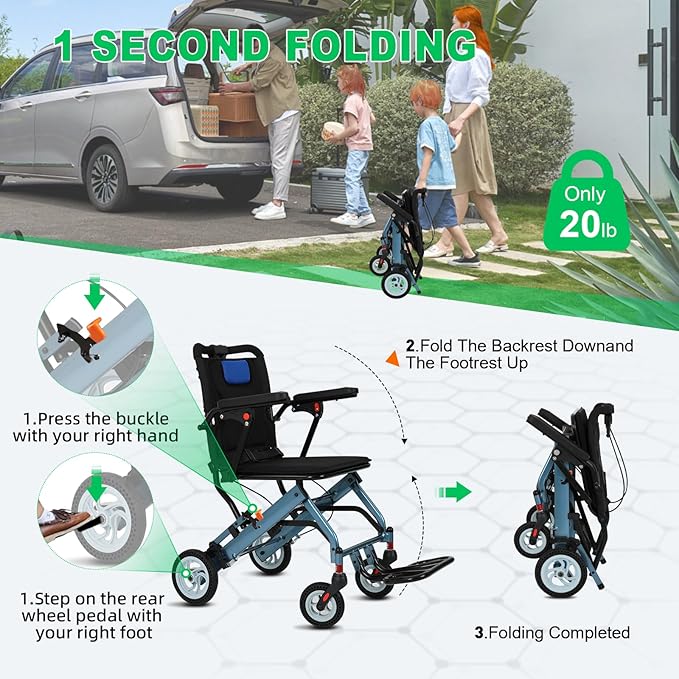 20 lbs Transport Wheelchair Lightweight Foldable, Portable Folding Transport Chair with 8" Honeycomb Tires, 16.2" Seat Small Wheelchair for Tight Spaces, Narrow Wheelchairs for Adults & Elderly(Blue)