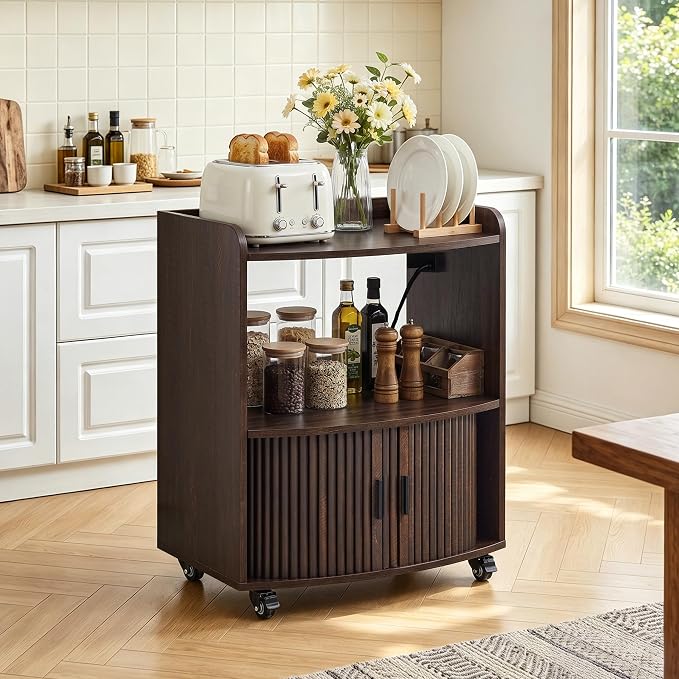 Bifins Coffee Bar Cart for Home, 3 Tier Rolling Serving Carts with Wheels | Coffee Cart with Removable Metal Brackets and Sliding Doors,Mobile Liquor Sideboard Cabinet for Home Bar, Kitchen