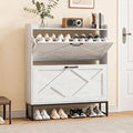 Nicetree Shoe Cabinet Storage for Entryway, Slim Shoe Storage Cabient with 2 Flip Drawers, Narrow Vertical Shoe Rack Cabinet with Metal Hooks, Small Space Solution for Hallway, White
