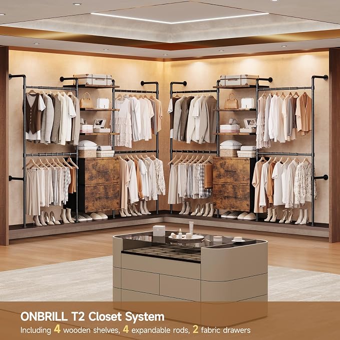 ONBRILL T3 Wall Mounted Industrial Pipe Closet Organizers Storage System | Metal Clothing Rack with 2 Drawers, 6 Wooden Shelves & 4 Expandable Rods, Heavy Duty Garment Rack, Wardrobe (Rustic Brown)