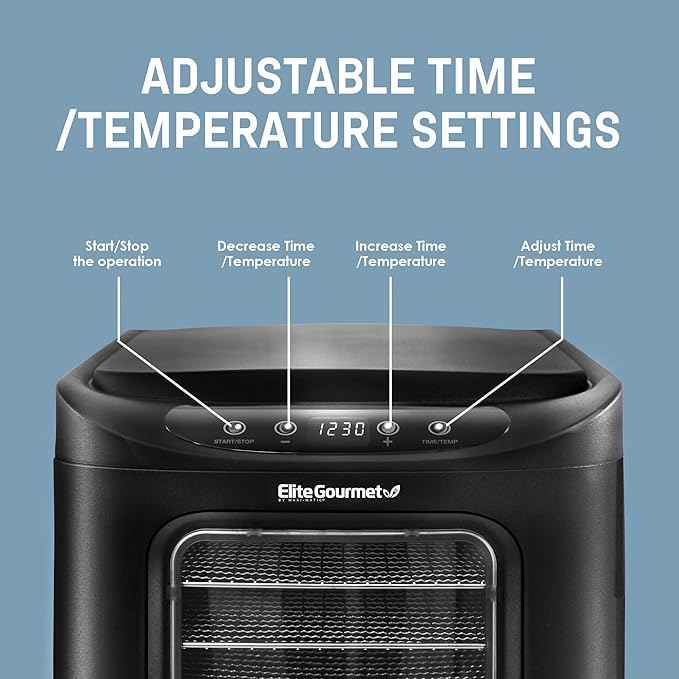 Elite Gourmet EFD-313B Programmable Food Dehydrator, Food Dehydrator, Adjustable Temperature Controls, Jerky Herbs Fruit Veggies Snacks, 6 Stainless Steel Trays