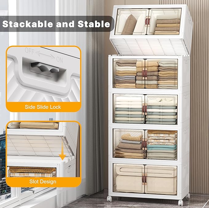 UAMFURI Stackable Storage Bins with Lids, Extra Large Plastic Organizer Cabinet Drawers, 560QT Collapsible Closet Containers with Doors and Wheels,For Bedroom, Kitchen, Office, Garage,(5Pack Cube)