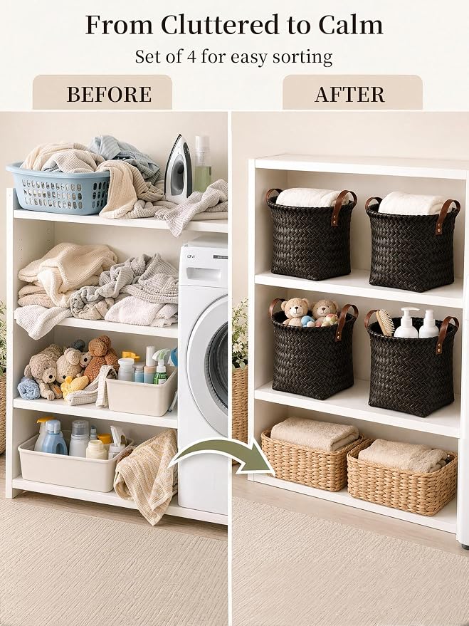 Hand Woven Baskets for Storage, 4Pcs Water-Resistant Wicker Baskets, Dark Gold Wicker Storage Baskets for Shelves, Large Basket with Handle for Organizing, Closet, Laundry, Blanket - Round