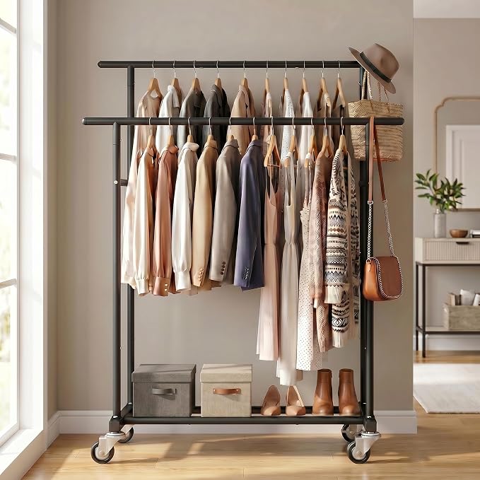 Calmootey Rolling Garment Rack with 2 Rods, Clothes Organizer for Bedroom | High-Low Rods, Two Lockable Wheels, Sturdy Metal Frame, Space-Saving, Fits Laundry, Living Room, Black