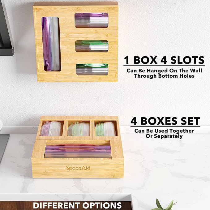SpaceAid Bag Storage Organizer for Kitchen Drawer, Bamboo Organizer, Compatible with Gallon, Quart, Sandwich and Snack Variety Size Bag (4 Pack)