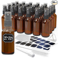 Nevlers Amber Glass Spray Bottles 2 Oz - Small Glass Spray Bottle 24 Pack | Small Spray Bottle Glass Set w/ Shrink Wrap, Funnel, Brush, Labels & Marker | Portable Amber Spray Bottles for Face & Hair