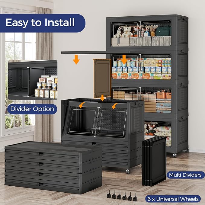 160GAL Storage Bins with Lid and Wheels, Stackable Closet Organizers and Storage Drawer, Collapsible Storage Box with Dividers, Foldable Plastic Cabinets for Room, Kitchen, 4 Pack Black
